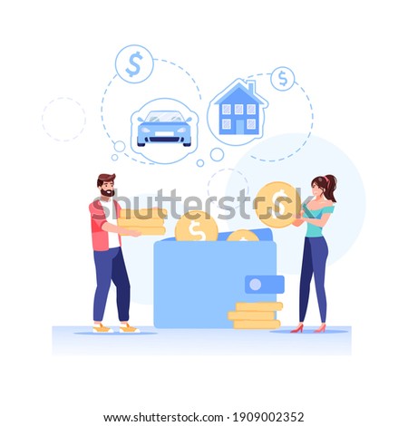 Vector cartoon flat happy family characters put gold coins in wallet.Young people makes home budget finance management according to saving money plan-family budget,web site banner ad concept
