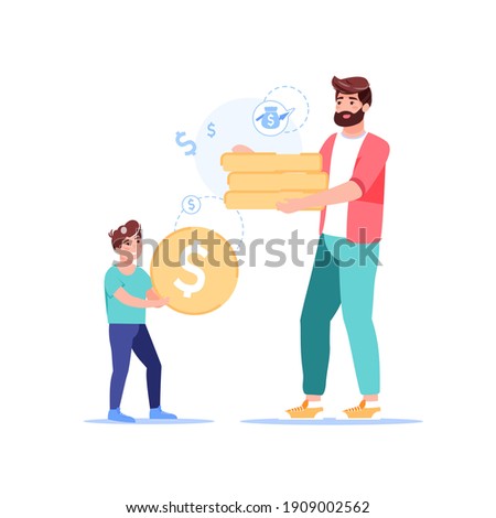 Vector cartoon flat happy family characters holding gold coins.Dad and son saving money-home budget finance management,financial literacy,investments,family budget web site banner ad concept