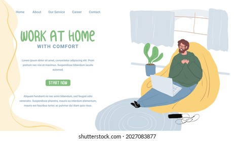 Vector cartoon flat happy freelancer characters works at home office apartment interior workspace.Young man sits in cozy atmosphere working on laptop-landing page design,online freelance work concept