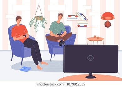 Vector cartoon flat happy friends characters,trendy young people,two boys play games on console indoors at home - communication,emotions,friendship,healthy social concept