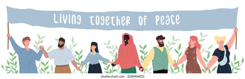 Vector cartoon flat happy smiling characters of different status and races holding hands-people equality,diversity and peace day,international friendship and solidarity social concept,web site design