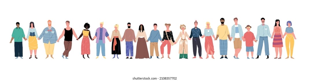 Vector cartoon flat happy smiling characters of different status and races holding hands-people equality,diversity and peace day,international friendship and solidarity social concept,web site design