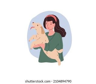 Vector cartoon flat happy woman character holding dog in her arms on empty background-positive emotions,human and domestic animal friendly relationships,pet care concept,web site banner ad design