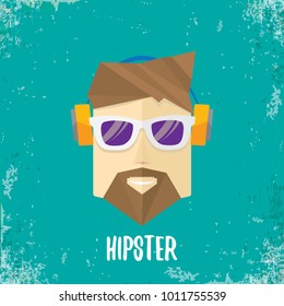 vector cartoon flat hipster man icon on grunge azure background. Fashion silhouette hipster style, vector illustration. barbershop logo design template