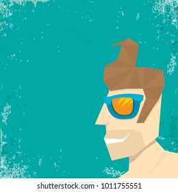 vector cartoon flat hipster man icon on grunge azure background. Fashion silhouette hipster style, vector illustration. barbershop logo design template