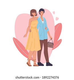 Vector cartoon flat homosexual lesbian characters couple.Young women in love on heart background-saint Valentine Day postcard,greeting card design,web online ad banner decor-emotions,social concept