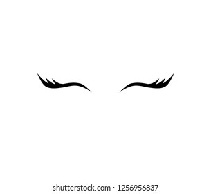 Vector cartoon flat icon of black line closed eyes with lashes isolated on white 