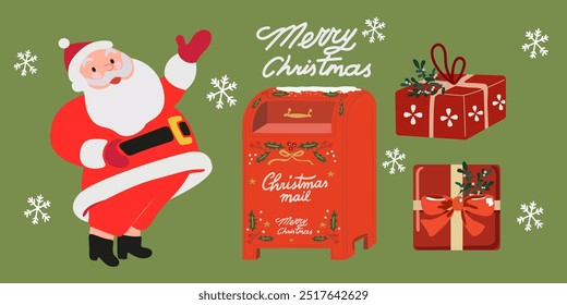 Vector cartoon flat icons and character for Christmas Card. Merry Christmas and Happy New Year greeting card. Santa Claus characters with gifts, bottle of champagne and mail for postcards