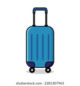 Vector cartoon flat illustration of  blue suitcase isolated on white background. Luggage travel bag with wheels and shadow. Modern suitcase for design icon, clip art, doodle