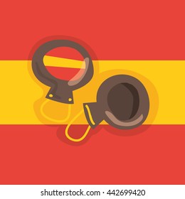 Vector cartoon flat illustration of castanets (Spanish national music instrument) on background in traditional Spanish flag colors