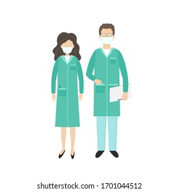 Vector cartoon flat illustration of couple of doctors characters in medical face mask. Stop Coronavirus Covid-19. Medic team, man and woman fighting against virus. Doctors, nurses, hospital workers.  