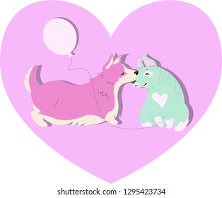 Vector cartoon flat illustration cute funny valentine concept corgi dog kissing love style pink heart card design