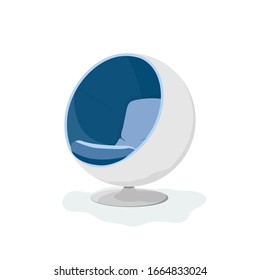 Vector cartoon flat illustration futuristic Egg or ball chair isolated on white background. Comfortable white blue egg armchair for interior design, apartment, creative office. Futuristic furniture.