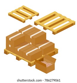 Vector cartoon flat illustration isolated on white background, set of icons of cardboard boxes on pallets, open and closed, 3D