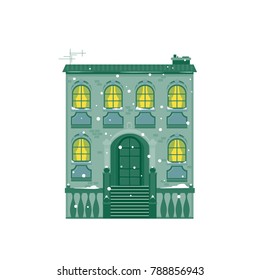 Vector cartoon flat illustration isolated on white background, building townhouse, big house with door and windows, winter weather with snowflakes