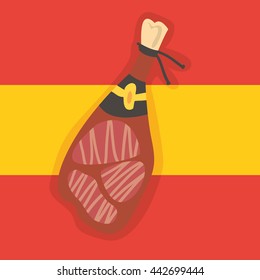 Vector cartoon flat illustration of jamon (Spanish kind of meat) on background in traditional Spanish flag colors