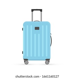 Vector cartoon flat illustration of light blue suitcase isolated on white background. Luggage travel bag with wheels and shadow. Modern polycarbonate suitcase for design, flyer, card, icon, clip art. 
