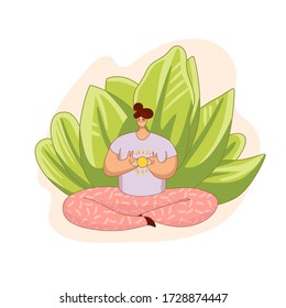 Vector cartoon flat illustration with meditating girl holding sun in her heart. Positive mood, meditation, stress release at home. Meditation