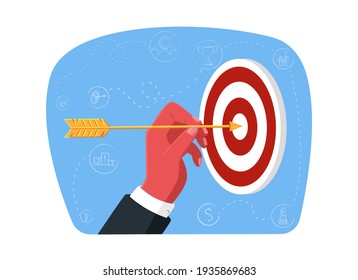 Vector cartoon flat illustration of metaphor with isolated arrow holding at target mark. Abstract linear business elements are depicted in background. Concept development, success, direction, victory.