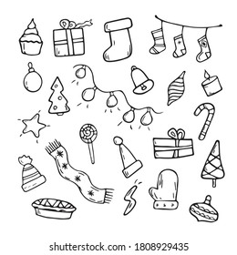 Vector cartoon flat illustration. Set of Christmas doodle icons for decoration. Christmas theme.