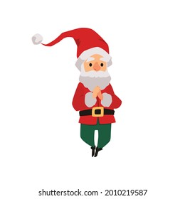 Vector cartoon flat illustration of soaring Christmas gnome with folded hands. Character gnome is isolated on white background. Illustration for Christmas poster and greeting card.