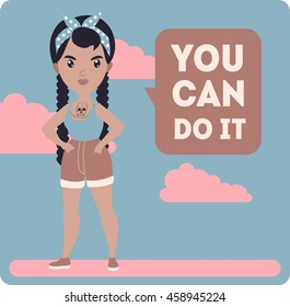 Vector cartoon flat illustration with super hero powerful woman in pastel colors