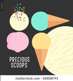 Vector cartoon flat illustration of vanilla, pink fruit, white and blue mint ice cream scoops in waffle cones with sprinkles