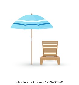 Vector cartoon flat illustration of wooden beach chair, umbrella isolated on white background. Clip art, summer vacation graphic elements. Beach chair and umbrella for design, travel card poster.