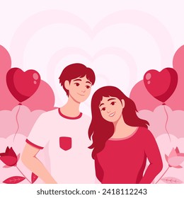 Vector Cartoon Flat Illustration.Young People in Love. Valentine's Day Greeting Card Concept in Red and Pink Colors. Flying Love Balloon, Clouds, and Roses.