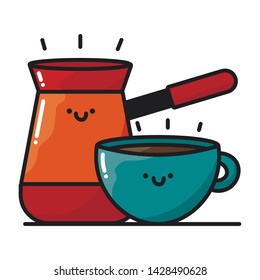 Vector, cartoon, flat image. Image of mugs or cups and cezve, character. Hot drink, coffee, steam. Poster for a coffee house or a diner, design element, postcard. Utensil for make and use of beverages