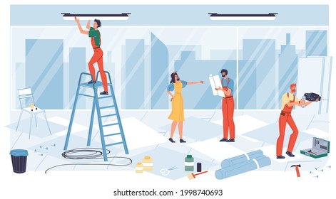 Vector cartoon flat industrial worker characters at office renovation work.Builder workers repair,decorate new office building-interior repairs,renovation,design,web online site banner ad concept