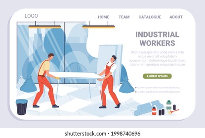 Caricatura vectorial personajes de trabajadores industriales planos,diseño de página de aterrizaje de renovación de oficinas.Reparación de trabajadores del constructor, reparación de nuevos edificios de oficinas-interiores, renovación,diseño,concepto de banner de sitio web
