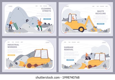 Caricatura vectorial personajes llanos de trabajadores industriales en la eliminación de basura, en el set de la página de aterrizaje.Trabajadores sanitarios manejan máquinas de eliminación de basura, limpian volcado de reciclaje, energía, recuperación de recursos, concepto de banner web