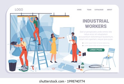 Vector cartoon flat industrial worker characters,office renovation landing page design.Builder workers repair,decorate new office building-interior repairs,renovation,design,web site banner concept