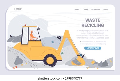 Caricatura vectorial personajes de trabajadores industriales planos en eliminación de residuos,página de aterrizaje.Trabajadores sanitarios conducen máquinas de eliminación de basura, reciclaje de basureros de limpieza, energía, recuperación de recursos,concepto de banner web