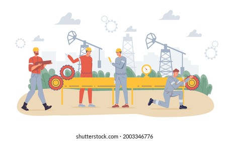 Vector cartoon flat industrial worker characters at petroleum production work.Oil workers building new pipeline-petroleum exploration,extraction,refining,web online site banner ad concept