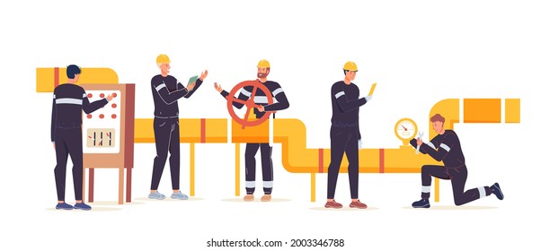 Vector cartoon flat industrial worker characters at gas,petroleum production work.Engineer workers building new pipeline-oil and gas exploration,extraction,refining,web online site banner ad concept