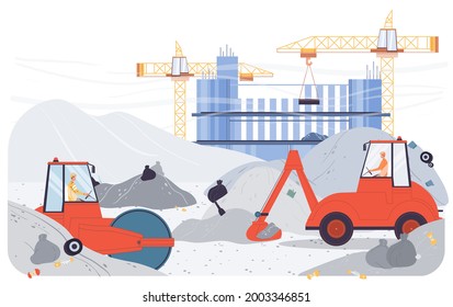 Caricatura vectorial personajes llanos de trabajadores industriales en el trabajo de recolección de basura. Trabajadores sanitarios conducen máquinas de eliminación de basura, reciclaje de basureros de limpieza, energía, recuperación de recursos, concepto de banner de sitio web