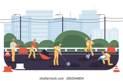 Vector cartoon flat industrial worker characters at road construction work.Engineer workers repair,building new road,lay asphalt-transport engineering,urban planning,web online site banner ad concept