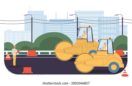 Caricatura de vectores personajes de trabajadores industriales planos en obras de construcción de carreteras.Reparación de trabajadores de ingeniería, construcción de nuevas carreteras, ingeniería de transporte de asfalto fijo, planificación urbana, banner y concepto de sitio web en línea