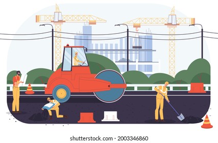 Vector cartoon flat industrial worker characters at road construction work.Engineer workers repair,building new road,lay asphalt-transport engineering,urban planning,web online site banner ad concept