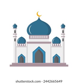 Vector cartoon flat islamic mosque. Ramadan muslim icon isolated on white background. Arabian mosque building with minarets. Eid Al-Fitr illustration.
