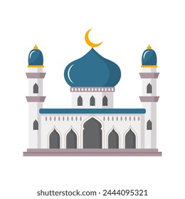 Vector cartoon flat islamic mosque. Ramadan muslim icon isolated on white background. Arabian mosque building with minarets. Eid Al-Fitr illustration.