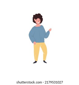 Caricatura vectorial personaje de niño llano, niño gesticulado alegremente, envía saludos, colección de moda infantil felizmente sonriente, concepto social infantil feliz, banner y diseño de sitios web