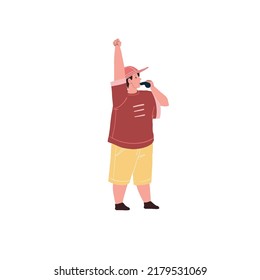 Vector cartoon flat kid character,little boy referee whistling-sports lessons activities at school,happy childhood and healthy sporty lifestyle concept,web site banner ad design