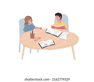 Vector cartoon flat kid characters students of primary school study,do homework at table with various schools supplies-happy fun childhood and learning educational concept,web site banner ad design