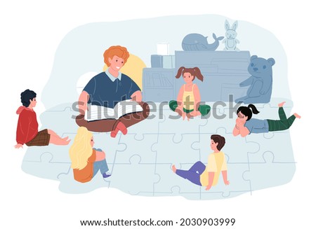 Vector cartoon flat kid characters in kindergarten listen with enthusiasm and interest to teacher who reads book story aloud-social communication,happy childhood,child preschool education concept