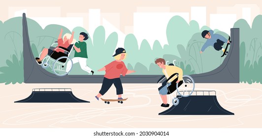 Vector cartoon flat kid characters,healthy and disabled children skating together in skate park-disabled sport,equal human rights,healthy society,social justice concept,web site banner ad design
