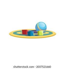Vektorcartoon-Flachkinderwürfel und Ball auf buntem Teppich einzeln auf leerem Hintergrund gesunde Familie und glückliche Kindheit, Kinderspielzeugmarkt-Sortiment-Konzept, Website-Banner und Design
