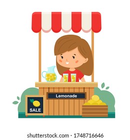 Vector cartoon flat lemonade stand. Kawaii girl sells lemonade and lemons. First business. Summer job.